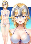  1girl bikini blonde_hair blue_eyes breasts cleavage fate/apocrypha fate/grand_order fate_(series) feet_out_of_frame front-tie_top full_body headpiece highres hiyoko_(pixiv16803940) jeanne_d&#039;arc_(fate) jeanne_d&#039;arc_(fate)_(all) long_braid long_hair looking_at_viewer lowleg lowleg_bikini medium_breasts multiple_views open_mouth side-tie_bikini smile standing swimsuit white_bikini zoom_layer 
