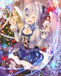  1girl angel_wings black_legwear blue_eyes blush breasts christmas christmas_ornaments christmas_tree cleavage cross cross_necklace eyebrows_visible_through_hair falkyrie_no_monshou hair_ornament hairclip indoors jewelry large_breasts looking_at_viewer natsumekinoko necklace official_art one_eye_closed open_mouth short_hair silver_hair smile solo thigh-highs wings 