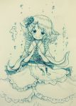  1girl air_bubble arinu blush bubble commentary flower frills hair_flower hair_ornament hairclip head_fins head_tilt highres japanese_clothes kimono long_sleeves obi sash short_hair smile solo steepled_fingers touhou traditional_media underwater wakasagihime wide_sleeves 