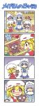  3girls 4koma apron ascot blonde_hair blue_eyes blush braid closed_eyes colonel_aki comic commentary_request doll dress flandre_scarlet hair_between_eyes hand_on_hip hand_up hat head heart izayoi_sakuya lavender_hair maid maid_apron maid_headdress mob_cap multiple_girls open_mouth popuko red_eyes remilia_scarlet shaking silver_hair skirt smile stuffed_animal stuffed_toy tears touhou translation_request trembling twin_braids wings 