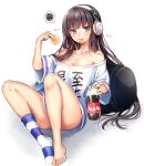  1girl azur_lane bangs bare_legs bare_shoulders black_hair blue_eyes blue_legwear blush breasts cleavage closed_mouth clothes_writing coca-cola collarbone eyebrows_visible_through_hair food food_in_mouth full_body headphones highres holding holding_food jitome long_hair long_island_(azur_lane) looking_at_viewer mouth_hold off-shoulder_shirt pillow senbei shirt simple_background single_sock socks soda_bottle solo spoken_squiggle squiggle striped striped_legwear thighs toes tsukiriran white_background 