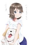  bad_link blue_eyes blush bow breasts brown_hair denim dog jeans love_live! love_live!_sunshine!! pants shiitake_(love_live!_sunshine!!) shirt smile sooki watanabe_you wavy_hair white_shirt 