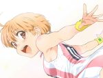  1girl ahoge armpits blonde_hair brown_eyes from_side happy highres inoue_sora inukai_kiiro looking_at_viewer looking_back mai_ball! official_art open_mouth shirt short_hair sleeveless sleeveless_shirt smile soccer_uniform solo sportswear striped striped_clothes sweat upper_body vertical_stripes wristband 