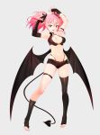  1girl :d absurdres arm_strap armpits arms_up asymmetrical_legwear bangs bare_shoulders black_bow black_gloves black_legwear black_panties black_wings blush bow breasts bridal_legwear cleavage demon_girl demon_tail demon_wings elbow_gloves eyebrows_visible_through_hair fang fingerless_gloves full_body gloves hair_bow halterneck highleg highleg_panties highres hpb8642 idolmaster idolmaster_cinderella_girls jougasaki_mika long_hair looking_at_viewer medium_breasts mismatched_gloves nail_polish navel open_mouth panties pink_hair pink_nails short_shorts shorts sidelocks single_elbow_glove single_thighhigh skindentation smile solo standing tail thigh-highs thigh_strap toeless_legwear twintails underwear wings yellow_eyes 