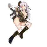  1girl artist_request blue_eyes blush boots breasts cleavage full_body girls_frontline gun hair_ribbon hat high_heel_boots high_heels long_hair looking_at_viewer looking_away military military_uniform official_art ots-39 ots-39_(girls_frontline) panties ribbon shirt silver_hair skirt submachine_gun thigh-highs thigh_strap torn_clothes torn_shirt torn_skirt torn_thighhighs transparent_background underwear uniform weapon 