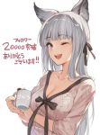  1girl absurdres animal_ears blue_eyes breasts cleavage collarbone cup followers granblue_fantasy hair_ribbon hana_mori highres korwa long_hair mug one_eye_closed open_mouth ribbon silver_hair simple_background solo sweater white_background 