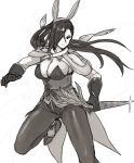  1girl alternate_costume animal_ears breasts carrot cleavage fake_animal_ears fire_emblem fire_emblem_heroes fire_emblem_if gloves greyscale hair_over_one_eye kagerou_(fire_emblem_if) kamu_(kamuuei) large_breasts leotard long_hair monochrome pantyhose rabbit_ears simple_background solo white_background 