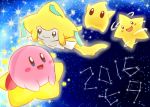  2016 :d black_eyes blue_eyes blush_stickers chiko_(mario) closed_mouth commentary commentary_request creature densetsu_no_stafy facial_mark gen_3_pokemon green_eyes happy hoshi_no_kirby jirachi kirby kirby_(series) looking_at_viewer looking_away night night_sky nintendo no_humans open_mouth pink_skin pokemon pokemon_(creature) rophy sky smile star star_(sky) starfy starry_sky tanabata warp_star white_skin yellow_skin 