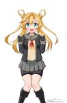  &gt;:d 1girl abukuma_(kantai_collection) bike_shorts black_gloves black_jacket blonde_hair blue_eyes commentary_request dated double_bun feet_out_of_frame gloves grey_sailor_collar grey_skirt hair_between_eyes hair_rings jacket kantai_collection knees_together long_hair looking_at_viewer masara_(masalucky2010) neck_ribbon open_mouth partly_fingerless_gloves red_ribbon remodel_(kantai_collection) ribbon sailor_collar school_uniform serafuku shorts_under_skirt simple_background skirt smile solo twitter_username white_background 