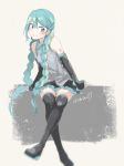  absurdres agonasubi alternate_hairstyle aqua_eyes aqua_hair aqua_nails bare_shoulders blush boots braid detached_sleeves hair_between_eyes hatsune_miku highres legs_crossed long_braids long_hair nail_polish sketch smile tattoo thigh-highs thigh_boots thighs translation_request twin_braids very_long_hair vocaloid white_background 