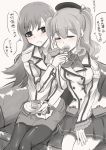  2girls alternate_costume beret blush boutora_(barusudemegaitai) cake commentary_request cosplay couch feeding food fork greyscale hat holding holding_fork kantai_collection kashima_(kantai_collection) katori_(kantai_collection) katori_(kantai_collection)_(cosplay) long_hair long_sleeves monochrome multiple_girls ooi_(kantai_collection) open_mouth pantyhose plate sitting skirt spot_color sweat translation_request yuri 