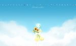  alternate_costume androgynous blue_sky closed_eyes clouds colored_eyelashes copyright_name dress flower green_hair happy highres houseki_no_kuni mydeerwitch phosphophyllite short_hair sky smile solo sparkle sunflower yellow_dress 