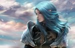  1girl armor artist_name blue_eyes blue_hair chuby_mi closed_mouth clouds day elezen elf final_fantasy final_fantasy_xiv highres lips long_hair looking_to_the_side pauldrons pointy_ears solo warrior_(final_fantasy) wind 