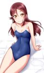  1girl arm_support blue_swimsuit blush breasts cleavage commentary_request covered_navel hair_ornament hairclip long_hair looking_at_viewer love_live! love_live!_sunshine!! one-piece_swimsuit redhead sakurauchi_riko school_swimsuit sitting smile solo swimsuit tile_floor tiles yellow_eyes yopparai_oni 