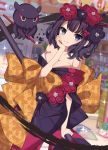  1girl absurdres arm_support bangs bare_shoulders between_breasts black_hair black_kimono blue_eyes blurry blurry_background bow breasts brown_bow calligraphy_brush cleavage closed_mouth collarbone depth_of_field dutch_angle eyebrows_visible_through_hair fate/grand_order fate_(series) hair_ornament highres holding holding_paintbrush ink japanese_clothes katsushika_hokusai_(fate/grand_order) kimono octopus off_shoulder paintbrush sapphire_(sapphire25252) smile solo sparkle unmoving_pattern 