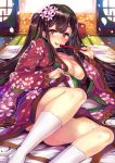 1girl :p bangs blunt_bangs blush breasts brown_eyes brown_hair cleavage closed_fan collarbone commentary_request day eyebrows_visible_through_hair eyelashes fan fingernails floral_print flower folding_fan futon hair_flower hair_ornament highres holding holding_fan indoors japanese_clothes kimono kneehighs large_breasts long_fingernails long_hair looking_at_viewer lying nail_polish no_bra no_panties obi off_shoulder on_back open_clothes open_kimono original petals pink_nails porch sash shiokonbu sitting sliding_doors smile solo tatami thighs tongue tongue_out twintails veranda very_long_hair white_legwear wide_sleeves 