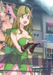  144_(riesztan) 1girl alternate_costume bare_shoulders blush bow breasts center_opening cleavage cleavage_cutout commentary_request cosplay cowboy_shot dress eyebrows eyebrows_visible_through_hair fang fingerless_gloves forehead_jewel gloves green_bow green_dress green_eyes groin hair_down hair_ornament highres inuyama_aoi large_breasts leaning_forward long_hair open_mouth panties panty_peek paper smile standing text thick_eyebrows translation_request underwear white_panties yurucamp 