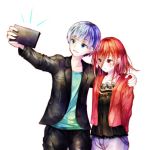  alternate_costume androgynous arms_behind_back bangs blue_eyes blue_hair blunt_bangs blush cellphone contemporary hair_between_eyes hand_on_another&#039;s_shoulder houseki_no_kuni jacket phone phosphophyllite phosphophyllite_(ll) red_eyes redhead self_shot shinsha_(houseki_no_kuni) short_hair smartphone smile spoilers sweat 