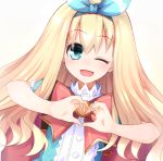  1girl blonde_hair blue_eyes blush bow doria_(5073726) fairy_fencer_f hair_ornament heart heart_hands long_hair looking_at_viewer one_eye_closed open_mouth rolo_(fairy_fencer_f) smile solo 