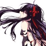  1girl absurdres akemi_homura akuma_homura bare_shoulders bow commentary hair_bow highres long_hair mahou_shoujo_madoka_magica misteor open_mouth purple_hair red_ribbon ribbon solo white_background 