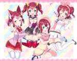  4girls :&gt; a.i._channel alternate_hairstyle animal_ears ankle_strap aqua_eyes arm_behind_back arm_warmers armpits bangs bell black_footwear blush blush_stickers bonnet bow bowtie candy cat_ears cleavage_cutout commentary_request cosplay covering covering_breasts d-pad d-pad_hair_ornament detached_sleeves dress food hair_ornament headband highres holding_bird jingle_bell kaguya_luna kaguya_luna_(character) kaguya_luna_(character)_(cosplay) kemomimi_vr_channel kizuna_ai kizuna_ai_(cosplay) kurosawa_ruby lace_border lollipop looking_at_viewer love_live! love_live!_sunshine!! mikoko_(kemomimi_vr_channel) mikoko_(kemomimi_vr_channel)_(cosplay) mochi_hiyo mochi_hiyo_(cosplay) multiple_girls multiple_persona pleated_skirt red_neckwear red_skirt redhead ribbon-trimmed_legwear ribbon_trim rinne_(mizunosato) sailor_collar skirt socks star starry_background striped striped_background striped_neckwear thigh-highs twintails two_side_up v-shaped_eyebrows vertical-striped_background vertical_stripes virtual_youtuber white_legwear wrist_cuffs yellow_dress 