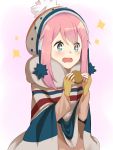  1girl bangs blue_eyes blush brown_gloves commentary_request cookie drooling eyebrows_visible_through_hair fingerless_gloves food gloves grey_scarf hair_between_eyes highres holding holding_food kagamihara_nadeshiko long_hair open_mouth pink_hair reina_(leinqchqn) sidelocks solo sparkle yurucamp 