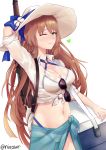  1girl absurdres alternate_costume blush bolt_action breasts brown_hair cleavage collared_shirt cooler eyebrows_visible_through_hair girls_frontline green_eyes gun hair_between_eyes hand_on_headwear hat heart highres large_breasts long_hair looking_at_viewer m1903_springfield m1903_springfield_(girls_frontline) navel nixour one_eye_closed over_shoulder parted_lips ribbon rifle sarong see-through shirt sidelocks simple_background sleeves_rolled_up smile solo stomach strap sun_hat sunglasses swimsuit tied_shirt twitter_username water_drop weapon weapon_over_shoulder wet wet_clothes white_background 