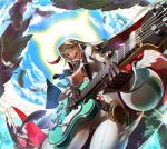  1girl :d ahoge ankh bangs belt belt_buckle black_belt black_gloves blonde_hair bodysuit breasts buckle center_opening chromatic_aberration clouds cloudy_sky cowboy_shot day eyebrows eyebrows_visible_through_hair eyelashes feathered_wings feathers from_below gloves gluteal_fold guilty_gear guilty_gear_xrd guitar hair_between_eyes halo holding holding_instrument instrument jack-o&#039;_valentine jewelry legs_apart light_particles long_hair long_sleeves loose_belt medium_breasts midriff multicolored_hair music necklace open_mouth playing_instrument red_eyes redhead sky smile solo sparkle tanagawa_makoto teeth tongue two-tone_hair white_bodysuit white_wings wings 