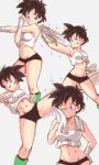  1girl bike_shorts black_hair bocodamondo breasts cleavage clenched_teeth crop_top dragon_ball dragonball_z hand_on_hip highres kicking looking_at_viewer medium_breasts motion_blur navel one_eye_closed sequential short_hair smile solo speed_lines stomach stretch sweat sweating teeth toned towel training videl wiping_sweat wrist_wraps 