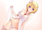  1girl azumi_akitake bad_id bad_twitter_id blonde_hair blush breasts charlotte_dunois infinite_stratos jewelry necklace panties pendant side-tie_panties thigh-highs underwear violet_eyes 