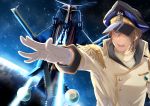  beam beam_cannon double-breasted earth epaulettes from_above gloves hat military military_hat military_uniform one_eye_covered space space_craft super_robot_wars super_robot_wars_original_generation tetsuya_onodera uniform white_gloves 