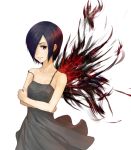  1girl black_dress black_hair brown_eyes dress hair_over_one_eye kirishima_touka light_frown short_hair sleeveless sleeveless_dress solo strap_slip sugino_souichi tokyo_ghoul white_background 