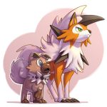  artist_name blue_eyes closed_mouth commentary creature deviantart_username dog fang gen_7_pokemon green_eyes lycanroc no_humans open_mouth pokemon pokemon_(creature) rockruff signature simple_background spikes standing twarda8 white_background wolf 