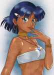  1girl absurdres bandeau black_hair bob_cut bracelet dark_skin earrings fingers_to_mouth fushigi_no_umi_no_nadia green_hair hair_ornament hairclip highres hoop_earrings jewelry maruyama_musashi nadia neck_ring necklace portrait short_hair simple_background solo strapless tubetop upper_body 