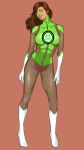  1girl arms_at_sides blush bodysuit brown_background brown_hair dark_skin dc_comics drawfag full_body gloves green_eyes green_lantern head_tilt highres jessica_cruz long_hair looking_at_viewer panties parted_lips see-through sketch standing underwear white_footwear white_gloves 