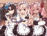  3girls :d :p ;) absurdres alternate_costume apron bangs black_dress blonde_hair blue_hairband blurry blurry_background blush breasts brown_eyes brown_hair chloe_von_einzbern cleavage cup dark_skin depth_of_field dress enmaided eyebrows_visible_through_hair fate/kaleid_liner_prisma_illya fate_(series) frilled_apron frilled_dress frilled_hairband frills hair_between_eyes hairband highres holding holding_plate holding_tray illyasviel_von_einzbern indoors long_hair looking_at_viewer maid maid_apron maid_headdress miyu_edelfelt multiple_girls one_eye_closed open_mouth pink_hair plate pleated_dress puffy_short_sleeves puffy_sleeves red_eyes sapphire_(sapphire25252) saucer short_sleeves small_breasts smile sparkle teacup tongue tongue_out tray very_long_hair white_apron 
