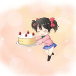  1girl absurdres bangs black_hair black_legwear blue_skirt blush bow bowtie cake chibi chihong_de_tianshi closed_eyes eyebrows_visible_through_hair fang food fruit green_neckwear hair_bow highres holding holding_plate kneehighs long_sleeves love_live! love_live!_school_idol_project open_mouth pink_cardigan plate red_bow sidelocks skirt solo standing standing_on_one_leg strawberry twintails yazawa_nico 