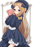 1girl abigail_williams_(fate/grand_order) absurdres bangs black_bow black_dress black_hat blonde_hair bloomers blue_eyes blush bow butterfly dress eyebrows_visible_through_hair fate/grand_order fate_(series) forehead hair_bow hat head_tilt highres holding holding_stuffed_animal long_hair long_sleeves looking_at_viewer orange_bow parted_bangs parted_lips polka_dot polka_dot_bow sapphire_(sapphire25252) sleeves_past_fingers sleeves_past_wrists solo stuffed_animal stuffed_toy teddy_bear underwear very_long_hair white_bloomers 