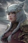  1girl armor artist_name braid chuby_mi circlet clouds facepaint facial_mark final_fantasy final_fantasy_xiv grey_eyes highres lips long_hair miqo&#039;te multicolored_hair overcast paladin_(final_fantasy) parted_lips pauldrons portrait slit_pupils solo twin_braids two-tone_hair white_hair wind 