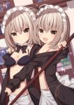  2girls :d absurdres apron bangs bare_shoulders bikini_top black_bikini_top black_jacket black_nails black_neckwear blurry blurry_background bow bowtie breasts brown_eyes character_request cleavage depth_of_field dutch_angle fang fate/grand_order fate_(series) fingernails hair_between_eyes halter_top halterneck head_tilt highres jacket light_brown_hair long_sleeves looking_at_viewer looking_to_the_side maid maid_headdress medium_breasts multiple_girls nail_polish open_clothes open_jacket open_mouth sapphire_(sapphire25252) sidelocks sleeves_past_wrists smile sparkle waist_apron white_apron 