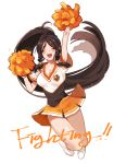  1girl ahoge alternate_costume ara_han braid brown_hair cheerleader closed_eyes elsword eyeshadow flying_sweatdrops inna jumping little_xia_(elsword) long_hair makeup open_mouth pom_poms ponytail sidelocks solo sparkle sweat text white_background 