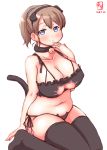  1girl bell bell_choker black_bra black_legwear black_panties blue_eyes bra breasts brown_hair cat_cutout cat_ear_panties cat_lingerie choker cleavage_cutout commentary_request dated frilled_bra frills highres intrepid_(kantai_collection) jingle_bell kanon_(kurogane_knights) kantai_collection large_breasts logo meme_attire panties ponytail short_hair side-tie_panties simple_background sitting solo thigh-highs underwear underwear_only wariza white_background 