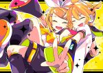  1boy 1girl ^_^ anniversary arm_up blonde_hair bow brother_and_sister closed_eyes colorful detached_sleeves foreshortening hair_bow hair_ornament hairclip happy headphones headset kagamine_len kagamine_rin leaning_back leaning_on_person leg_warmers nail_polish open_mouth sailor_collar short_hair shorts siblings smile twins v vocaloid yellow_nails yellow_neckwear yoshiki 