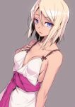  1girl bangs blonde_hair blue_eyes breasts cleavage collarbone copyright_request dress dutch_angle hair_between_eyes hand_on_own_chest looking_at_viewer medium_breasts nilitsu parted_lips sash short_hair simple_background solo swept_bangs white_dress 