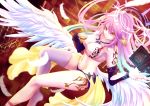  1girl angel_wings book breasts crop_top cross cup feathered_wings feathers gloves gradient_hair halo jibril_(no_game_no_life) large_breasts long_hair low_wings magic magic_circle midriff mismatched_legwear multicolored_hair navel no_game_no_life pink_hair sideboob smile solo symbol-shaped_pupils tattoo tea teacup very_long_hair vv_sama white_wings wing_ears wings yellow_eyes 