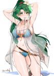  1girl :d adapted_costume armpits arms_behind_head bikini blue_bikini blush breasts cleavage collarbone cosplay cowboy_shot crossed_arms cygames dotentity earrings fire_emblem fire_emblem:_rekka_no_ken flower granblue_fantasy green_eyes green_hair grin hair_flower hair_ornament high_ponytail highres intelligent_systems jeanne_d&#039;arc_(granblue_fantasy) jeanne_d&#039;arc_(granblue_fantasy)_(cosplay) jewelry large_breasts long_hair looking_at_viewer lyndis_(fire_emblem) mouth_hold navel nintendo open_mouth ribbon see-through sheath sheathed shiny shiny_hair simple_background skin_tight smile solo standing stomach string_bikini swimsuit sword teeth thighs tsurime twitter_username very_long_hair water water_drop weapon wet wet_hair white_background white_ribbon 