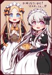  2girls :d abigail_williams_(fate/grand_order) absurdres alternate_costume apron bangs black_bow black_gloves blonde_hair blue_eyes blush bow butter commentary_request doll_joints elbow_gloves enmaided eyebrows_visible_through_hair fate/extra fate/grand_order fate_(series) food forehead gloves hair_between_eyes hair_bow highres holding holding_tray long_hair long_sleeves looking_at_viewer maid maid_apron maid_headdress menu multiple_girls nursery_rhyme_(fate/extra) open_mouth orange_bow own_hands_together pancake parted_bangs pink_hair plate polka_dot polka_dot_bow puffy_short_sleeves puffy_sleeves short_over_long_sleeves short_sleeves silver_hair smile stack_of_pancakes striped striped_bow syrup translation_request tray twitter_username very_long_hair white_apron yuya090602 