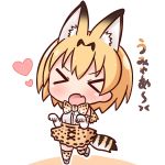  &gt;_&lt; 1girl :o animal_ears bangs bare_shoulders blonde_hair blush bow bowtie chibi closed_eyes commentary_request elbow_gloves eyebrows_visible_through_hair facing_viewer fang full_body gloves hair_between_eyes hana_kazari hands_up head_tilt heart high-waist_skirt kemono_friends open_mouth print_gloves print_legwear print_neckwear print_skirt serval_(kemono_friends) serval_ears serval_print serval_tail shirt skirt sleeveless sleeveless_shirt solo standing standing_on_one_leg striped_tail tail thigh-highs translation_request white_footwear white_shirt 