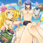  /\/\/\ 1boy 1girl blonde_hair breasts cleavage closed_mouth commentary_request dark_magician dark_magician_girl duel_monster flower hair_flower hair_ornament hat kuriboh long_hair misaka_(missa) no_headwear pot_of_duality pot_of_greed shorts smile staff swimsuit yu-gi-oh! yuu-gi-ou_duel_monsters 