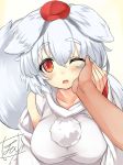  1girl animal_ears bangs blush breasts commentary_request detached_sleeves eyebrows_visible_through_hair hair_between_eyes hand_on_another&#039;s_cheek hand_on_another&#039;s_face hand_up hat inubashiri_momiji looking_at_viewer medium_breasts one_eye_closed open_mouth orange_eyes out_of_frame pom_pom_(clothes) pov pov_hands short_hair signature solo_focus tail taut_clothes tirotata tokin_hat touhou upper_body white_hair wolf_ears wolf_tail 